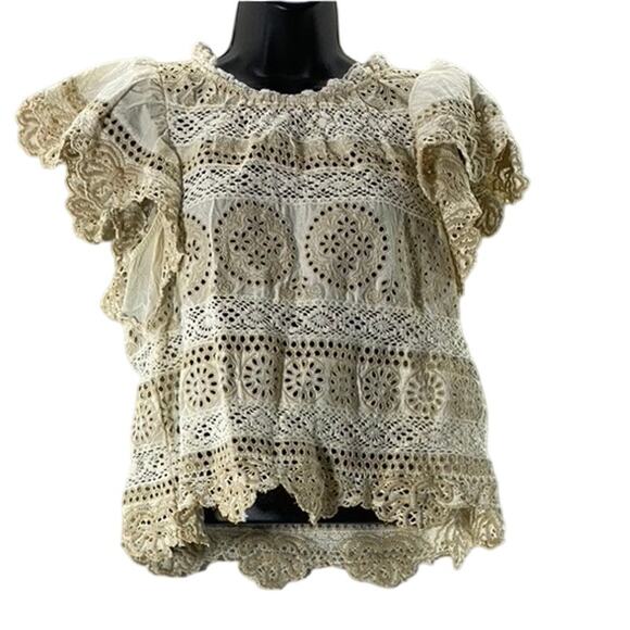 SEA NEW YORK Women's Beige/Cream Evie Eyelet Lace Flutter Short Sleeve Top SZ S - Picture 1 of 9